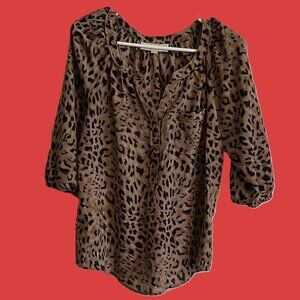 LOFT Womens Blouse SMALL Brown Black Leopard Print PULLOVER Pocket  1117A